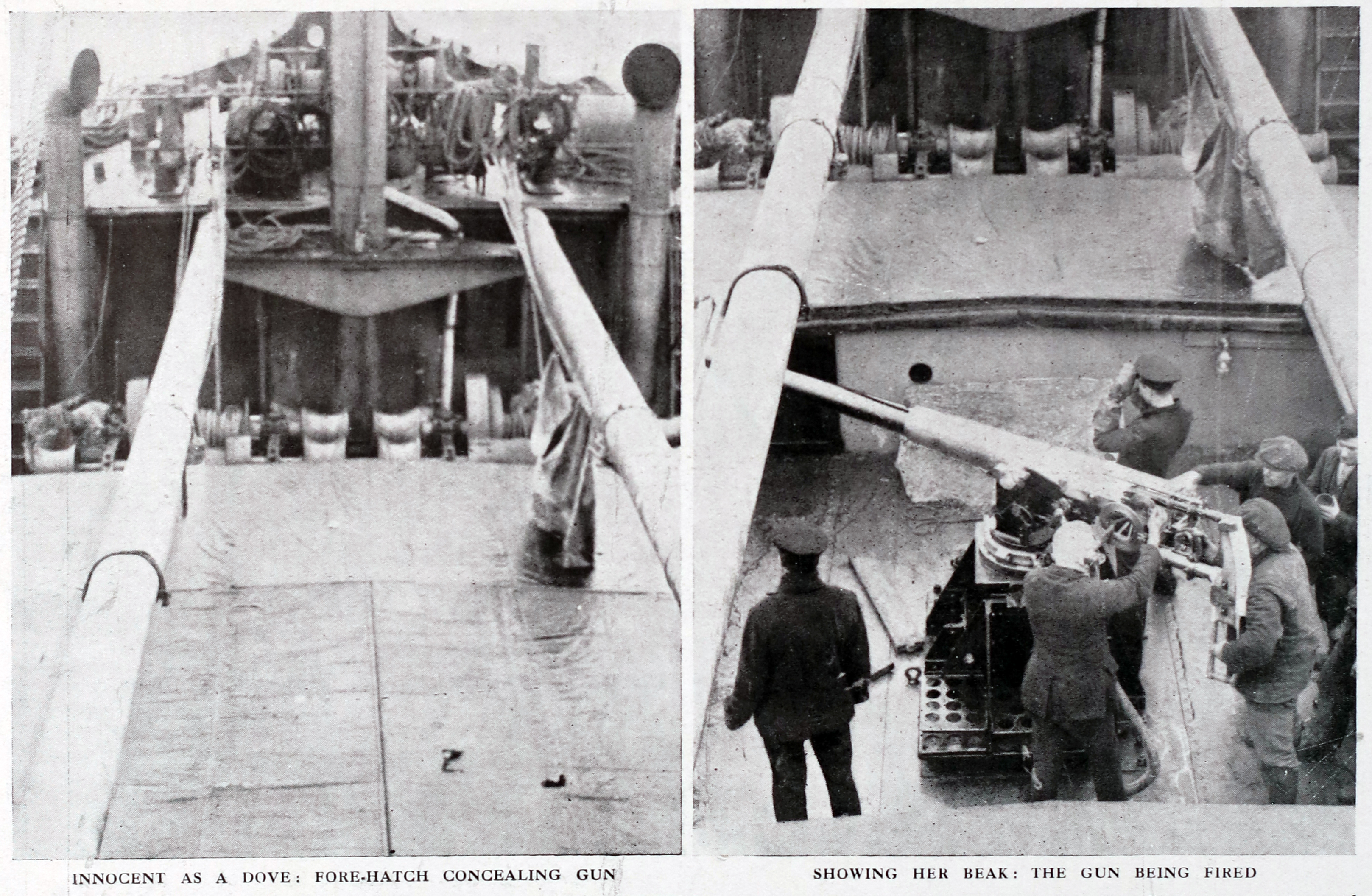 A Q or Mystery Ship trapping German Submarines. Before and after shot showing how the boat concealed het guns