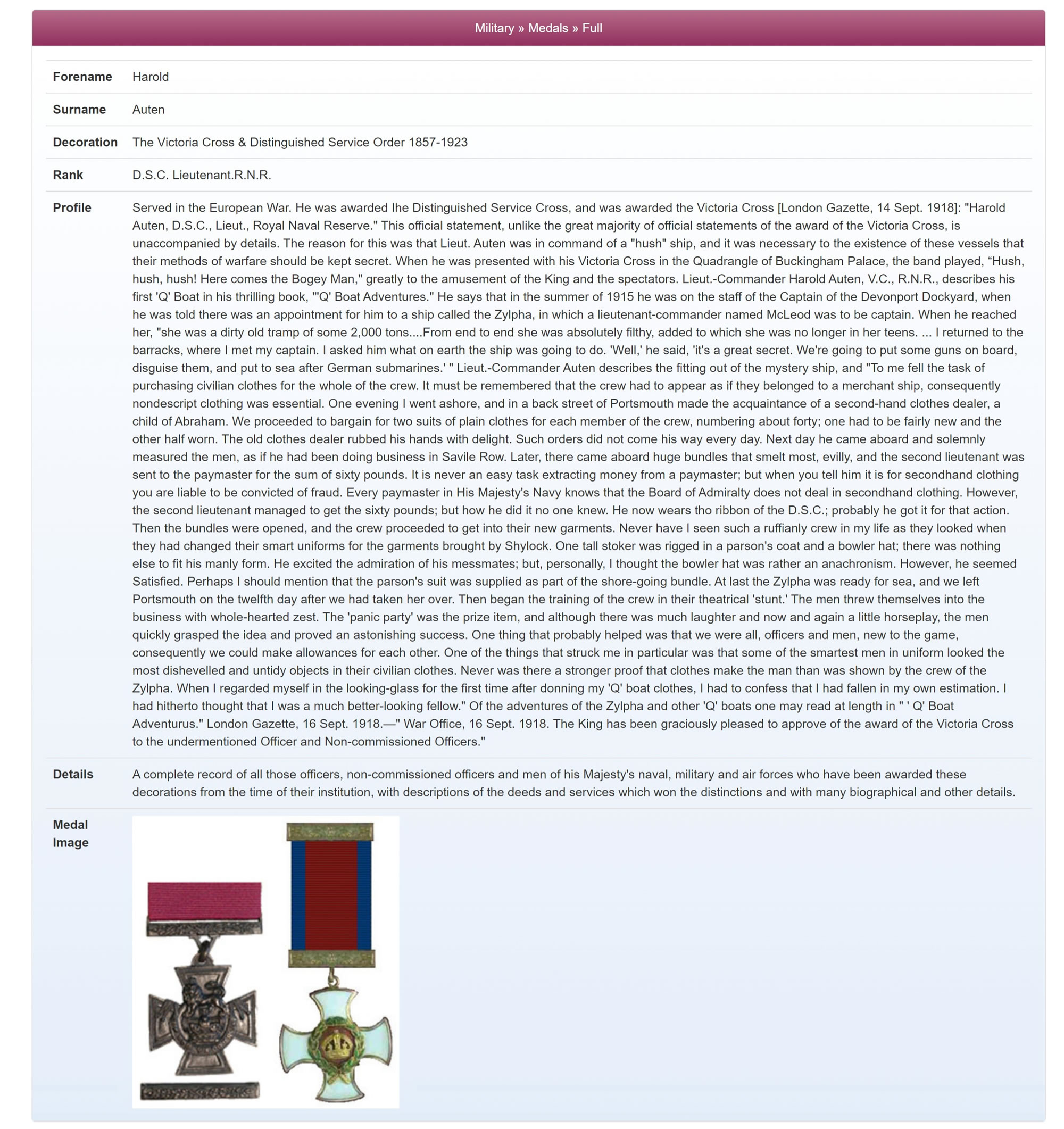 Commander Auten's award of the Victoria Cross in Military Medals on TheGenealogist